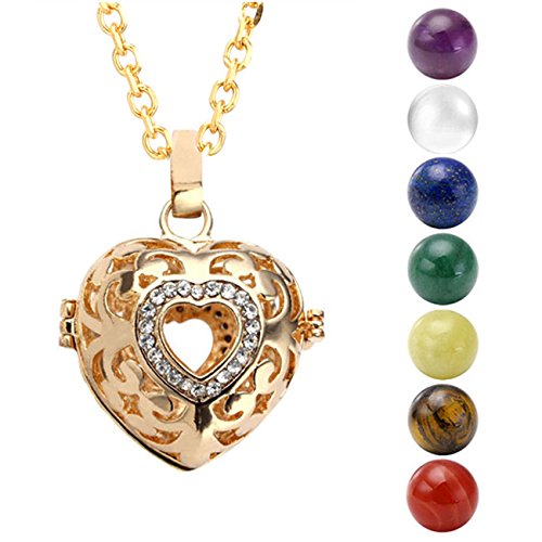 QGEM Collier de Pendentif en Cœur Doré Médaillon Locket Ouvert avec Strass + 7pcs Boules Pierre Chakra Naturelle pr Femme