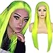 BLUPLE Silky Straight Lace Front Wigs Platinum Gray Trendy Heat Resistant Synthetic Hair Half Hand Tied Wigs for Cosplay Daily Wear (22 inches, Straight,Bright Yellow Green)