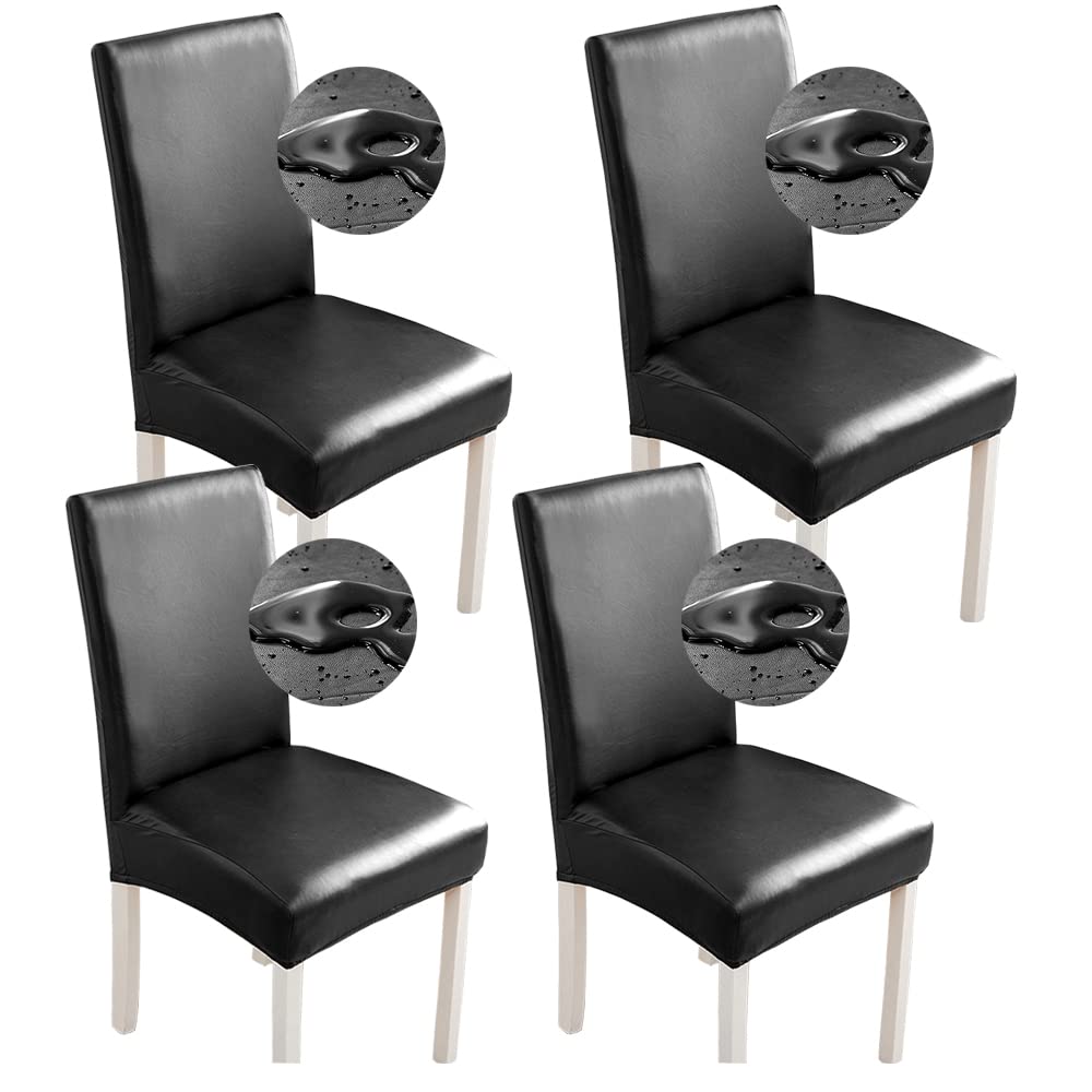 Bestenrose Stretch Dining Chair Covers Waterproof PU Leather Chair Slipcovers Chair Protector Cover Universal Chair Covers for Dining Room Kitchen Hotel (Set of 4, Black)
