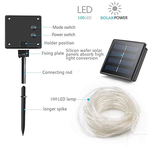 WONFAST Solar Rope Lights Outdoor,WONAFST 39ft 100LED LED Rope Lighting Waterproof Copper Wire Rope String Light for Christmas Home Garden Patio Parties Decor (White)