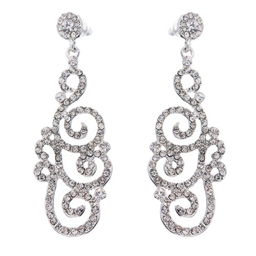 Bridal Wedding Crystal Rhinestone Swirl Vintage Dangle Earrings Silver Clear