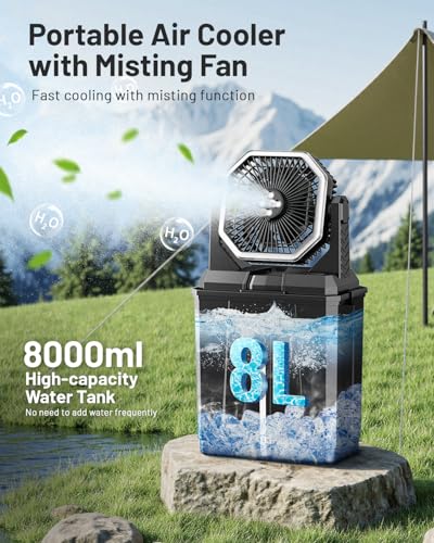 Allsion Rechargeable Misting Fan, 24000mAh Camping Misting Fan with 8L Water Bucket, 3-Speed Outdoor Cooling Fan with LED Lights, 120°Oscillation for Camping, Backyard, Patio,Outdoor-Black