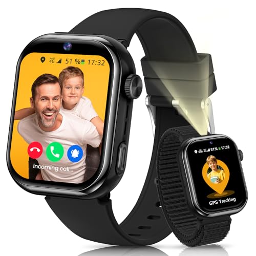 4G Children's Smartwatch IP68 Smartwatch with GPS, Calls, Video Calls, Voice Chat, Dual Camera, SOS, School Mode, Torch, Alarm, Smart Watch for Boys and Girls Black