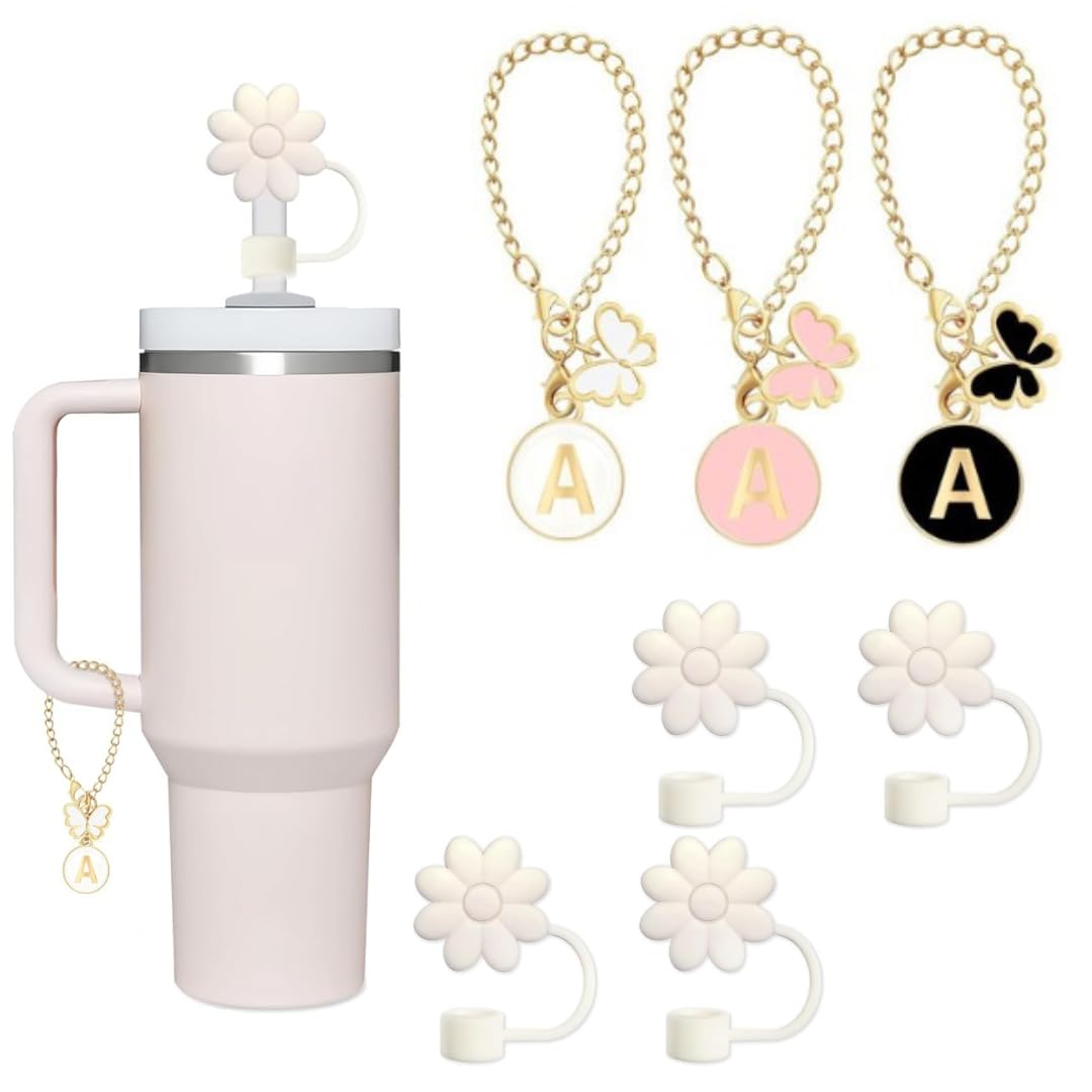 CIELOAZUL Compatible with Stanley Cup Accessories, 3PCS Butterfly Letter Charms with 4PCS 10mm Stanley Straw Cover Cap for Stanley Cup 30&40 Oz, Silicone Stanley Straw Toppers for Stanley Tumbler (A)
