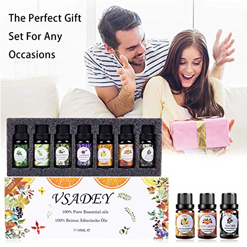 VSADEY Essential Oils Set 100% Pure Aromatherapy Essential Oil Kit for Diffuser, Humidifier, Massage, Skin Care - Lavender, Eucalyptus, Peppermint, Tea Tree, Sweet Orange, Lemongrass (7 x 10ml)