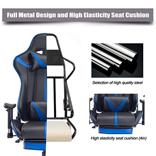 Blue Whale Massage Gaming Chair with Retractable Footrest,Adjustable Massage Lumbar Cushion and Headrest- High Back Ergonomic Leather Racing Executive Desk Computer Office Chair BW192 Blue - Thumbnail 4