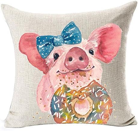 Cotton Linen Square Decorative Throw Pillow Case Cushion Cover Lovely Animal Cute Pink Pet Miniature Pig 18 "X18 "