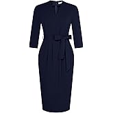 GRACE KARIN Womens Work Dresses V Neck 3/4 Sleeve Back Zipper Tie Waist Bodycon Dress Office Cocktail Dress with Pockets