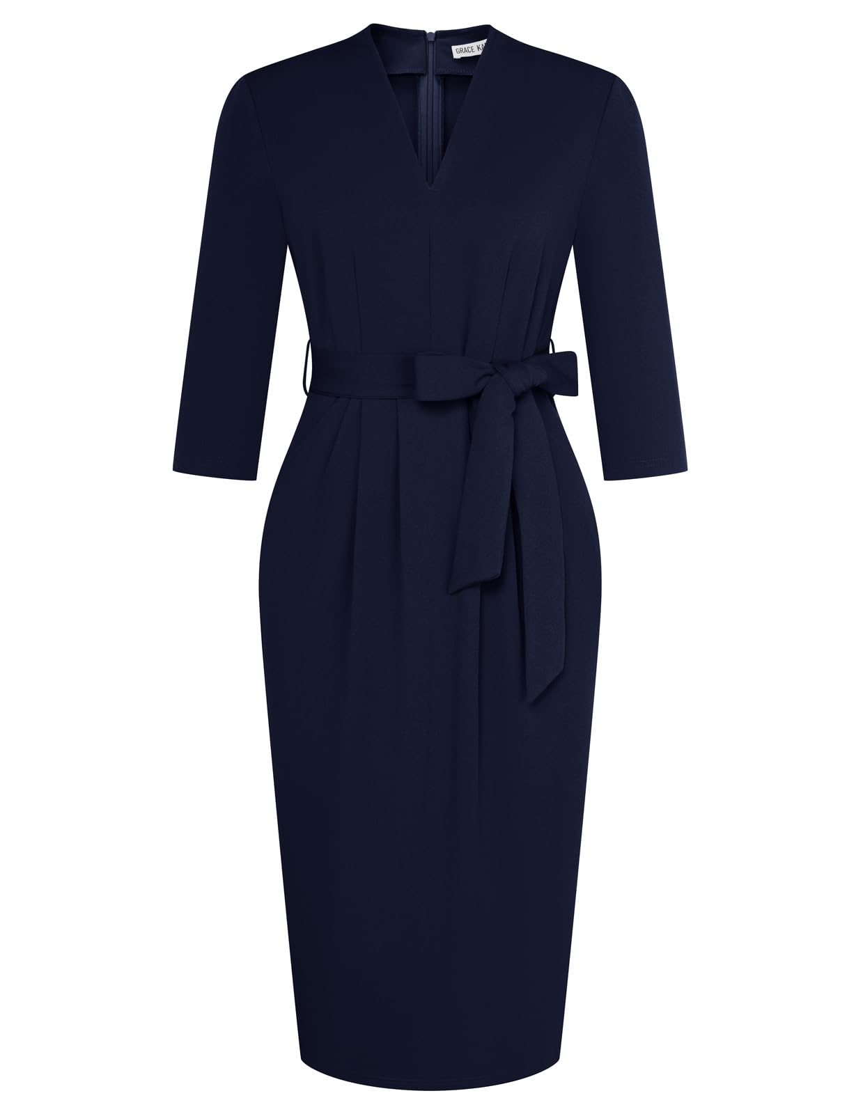 Photo 1 of Office Dresses V Neck 3/4 Sleeve Church Dresses for Women Midi Pencil Dress L Navy Blue