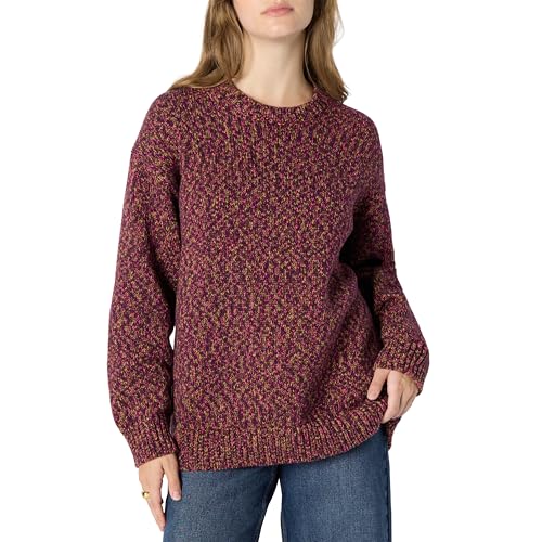 Amazon Essentials Women's Oversized-Fit Heavyweight Cotton Blend Crewneck Sweater, Multi-Color, Ribbed, Burgundy Marl, Small