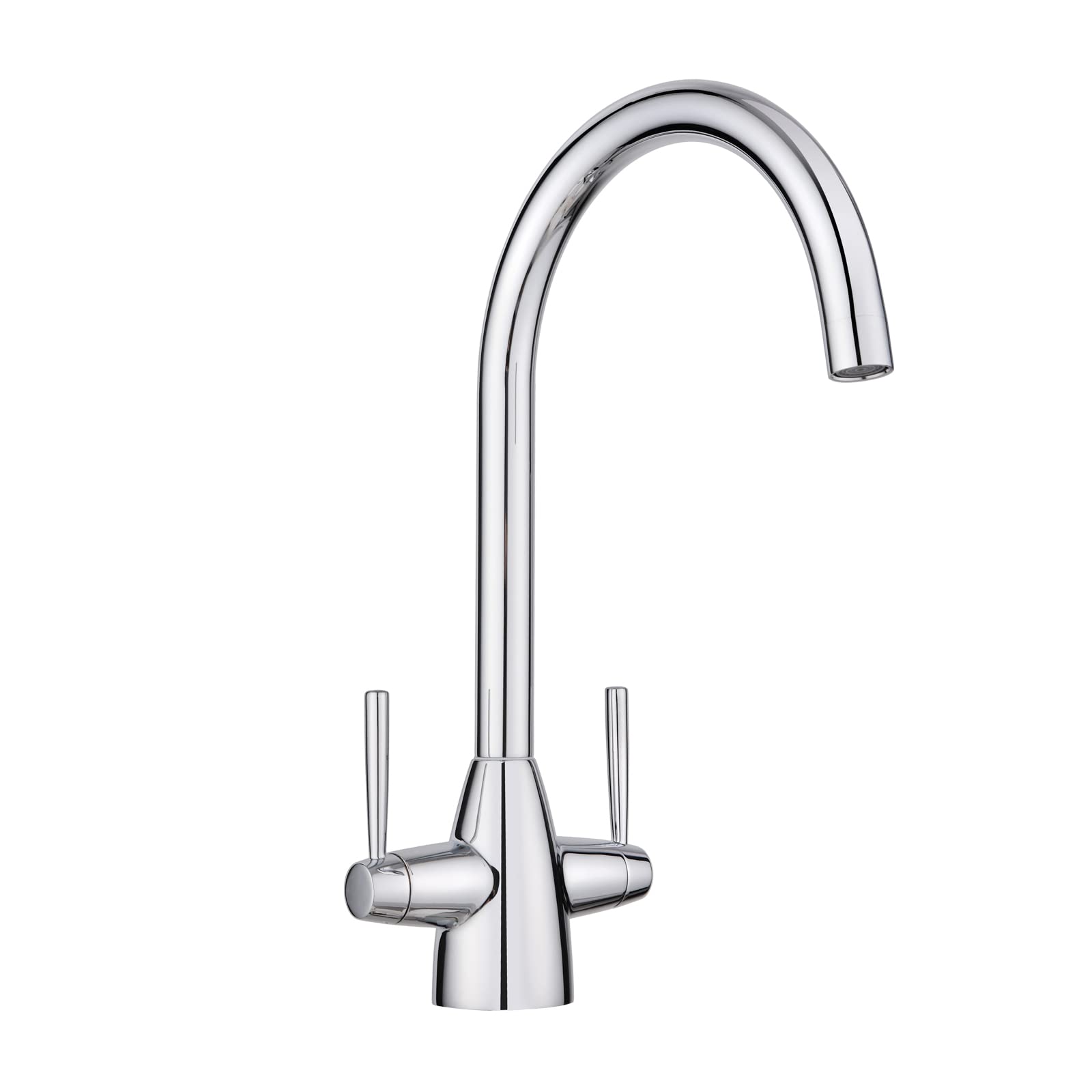 JASSFERRY Kitchen Sink Mixer Tap Twin Quarter Turn Lever Handles Swan Neck Swivel Round Spout Polished Chrome