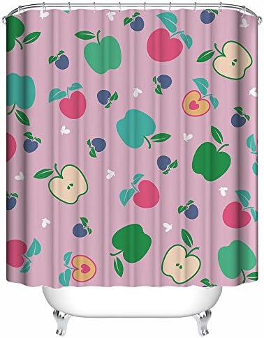 LINGCURTAIN 66" x 72" Shower Curtain Liner Apple Fruit Print Fabric for Decorative Bathroom Curtains, Pink Green Blue