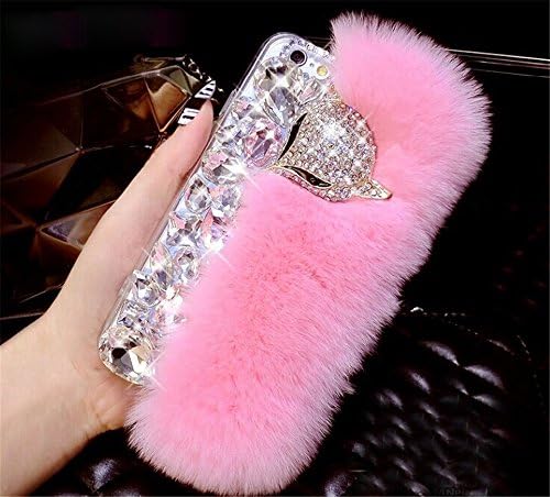 iPhone 7 Plus Case,Yomanic New Design Fashion Super Bling TPU and Big Bling Fox Diamond Rabbit Furry Case for iPhone 7 Plus 5.5inch Anti-scratch Shockproof Winter Case (Pink)