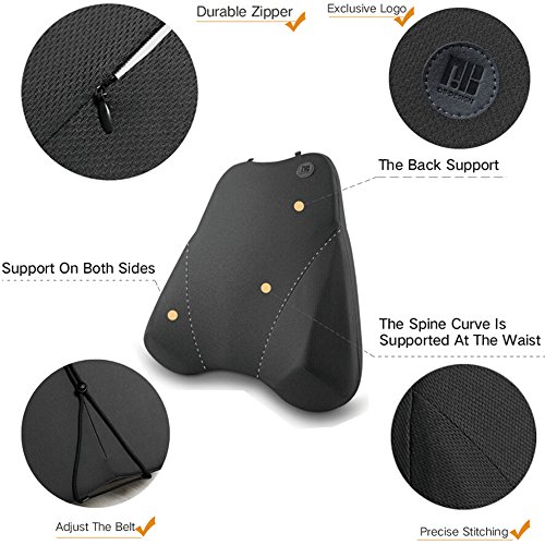 QBUC Car Back Support, Car Lumbar Pillow for Back/Spine/Coccyx Pain Relief, Memory Foam Lumbar Support Pillow - Comfort Back Cushion for Car seat, Office Chairs, Travel and Home (Black)