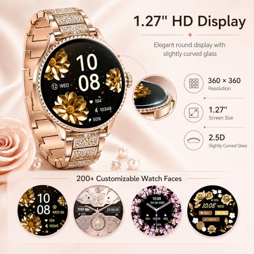 Reloj Inteligente Mujer 1,27" Smartwatch Redondo con Llamadas Bluetooth, Frecuencia Cardíaca SpO2 Sueño, 120+ Modos Deportivos, IP68 Resistente al Agua, 2 Correas, Compatible con Android iOS, Oro Rosa