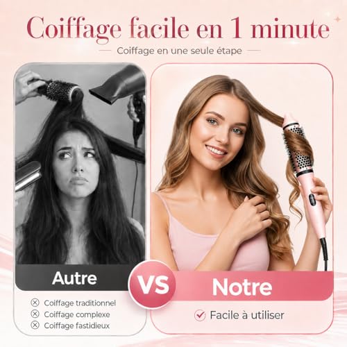 Brosse Soufflante Ronde 38mm 3 en 1, Volume & Boucles Naturelles, Technologie Ionique Anti-Frisottis, Double Tension Voyage, Effet Brushing Salon, Idée Cadeau Femme C257 23