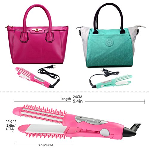 BlueTop Portable Hair Straightening Brush Curler Iron Hair Styling Tools Hot Straightener Brush Women Professional Traveling Business Trip 3 In 1 Ceramic Flat Iron Comb Brush (Pink)