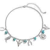 ALRNBY Silver Charm Necklace for Women Dainty Choker Necklace Trendy Turquoise Pendant Western Necklace Good Luck Necklace for Women Goat's Head Horseshoe Hat Boot Pendant Boho Jewelry Gift