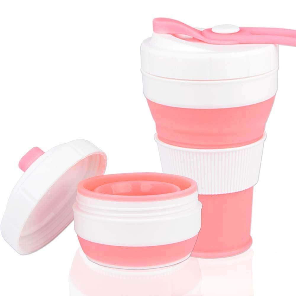 AniSqui Collapsible Coffee Cup Silicone [Mouth with Thread], (16oz 450ml, BPA Free Portable Coffee Cup with Lids), Foldable Mugs Collapsible (Pink)