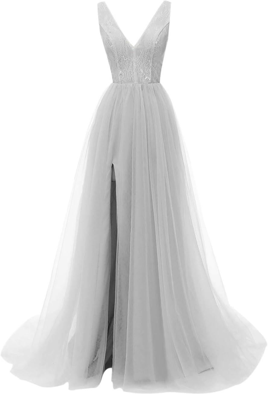 Prom Dresses Sexy Deep V Neck Sequins Beads Tulle and Lace High Split Long Evening Dresses Bridal Wedding Dress
