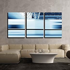 3 Piece Canvas Wall Art - Fast Train with Motion Blur. - Modern Home Art Stretched and Framed Ready to Hang - 16"x24"x3 Panels