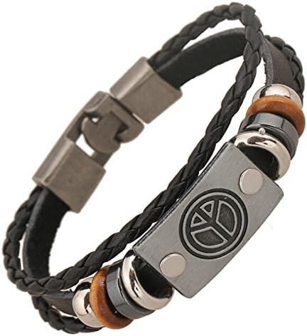 SumBonum Jewelry Mens Alloy Leather Braided Rope Bracelet, Vintage Classic Beads Peace Design Shield Charm Cuff Bracelet, Black Golden Silver