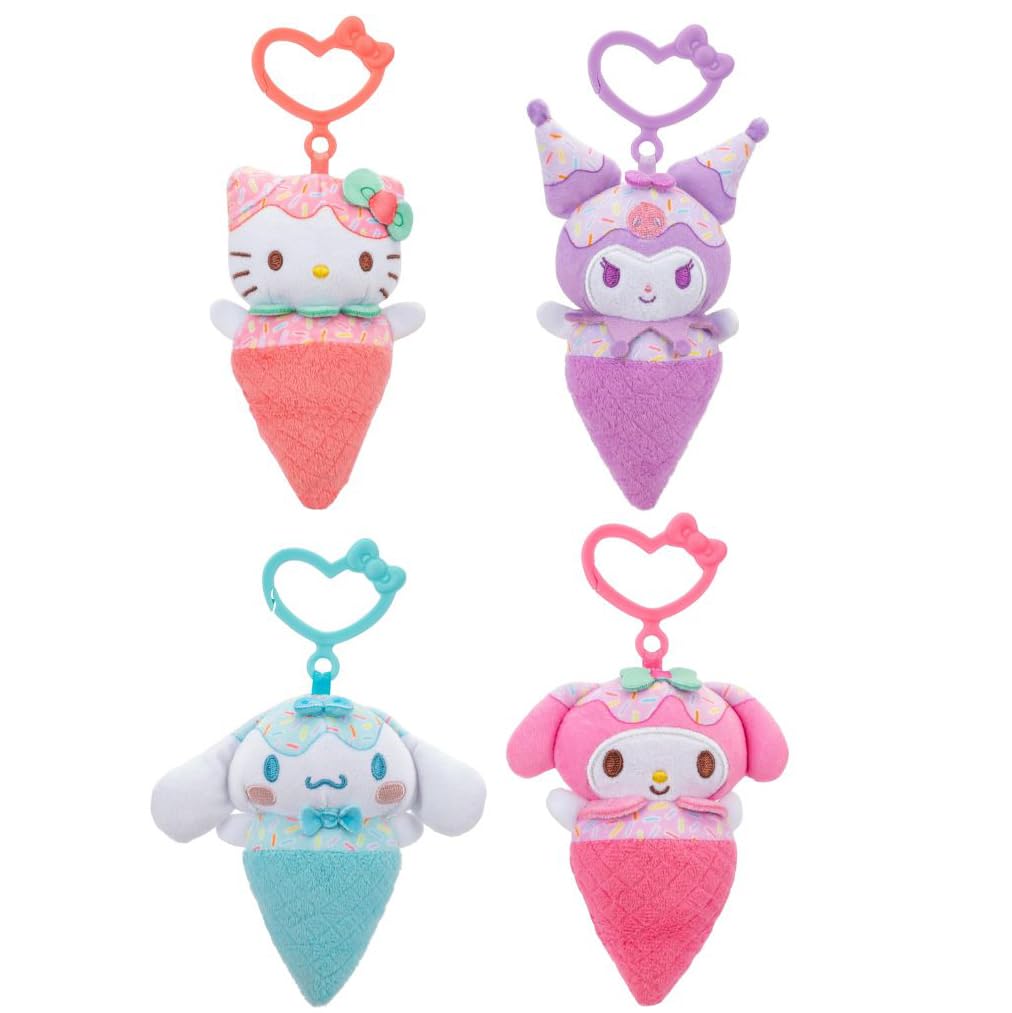 Photo 1 of Hello Kitty and Friends 4-Pack Ice Cream Clip-On Plush Featuring Hello Kitty, Kuromi, My Melody, and Cinnamoroll with Unique Bow Clips