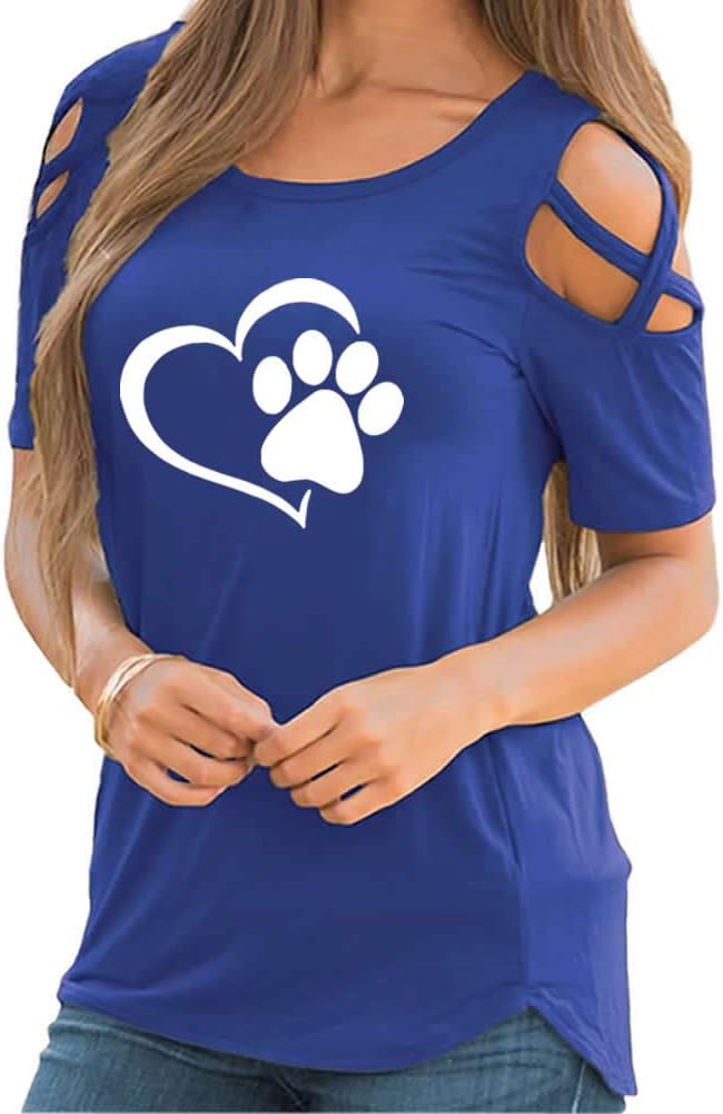Rfecccy Funny Cute Love Dog Paw Print Cotton Off Shoulder Bandage Short Sleeve T-Shirt for Women