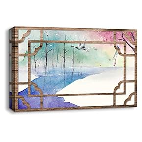 Canvas Wall Art Traditional Chinese Windows View Painting Artwork for Home Prints Framed - 12x18 inches