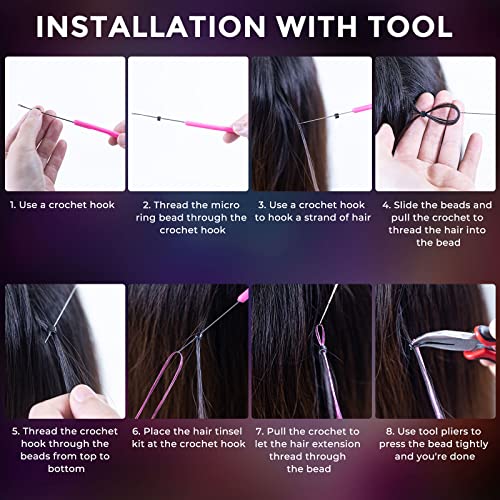 SYGY Hair Tinsel Kit, 10PCS 47 Inches Pink Tinsel Hair Extensions Kit with Tools, 2000 Strands Fairy Hair Tinsel for Women Girls Hair Accessories, Glitter Hair Tinsel Heat Resistant for Halloween Cosplay Christmas New Year Party