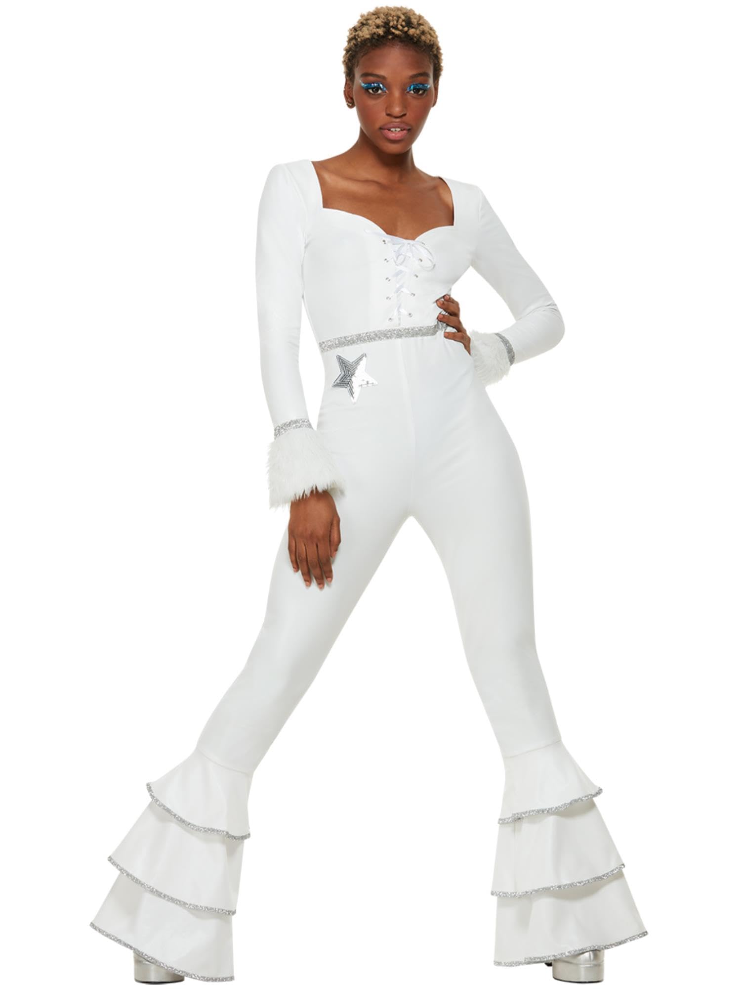 Smiffys 70s Deluxe Glam Costume, White Ruffled Jumpsuit, 1970's Disco Fancy Dress, 1970s Dress Up Costumes