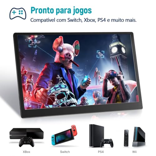 Monitor portátil de 15,6 polegadas, conectividade USB-C e HDMI, resolução Full HD 1080p, falantes integrados compatível com diversos dispositivos–Preto