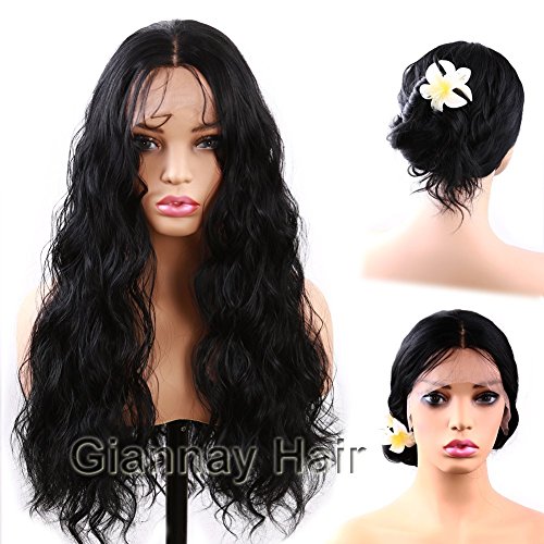Giannay Hair Lace Front Wigs Natural Water Wave Wigs Synthetic Wig Glueless Long Wavy Wig Half HandMade High Temperature Heat Resistant Fiber Wig with Baby Hair Black Color for Women 24 Inch