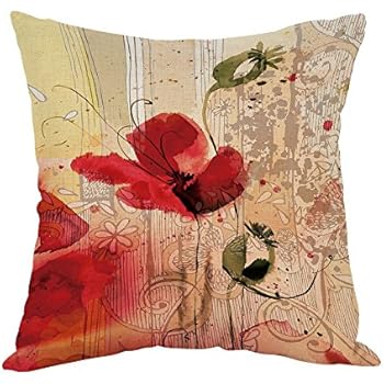 Moslion Flower Pillow,Home Decor Throw Pillow Cover red Poppy Flower Beige Floral Cotton Linen Cushion for Couch/Sofa/Bedroom/Livingroom/Kitchen/Car 18 x 18 inch Square Pillow case
