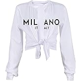 LovelyWholesale Women Tie Front Tops Sexy Cropped Long Sleeve Deep V Neck Shirt Clubwear