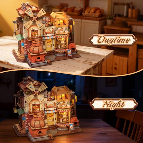 Cutefun Kit de Modelismo 3D en Madera – Book Nook de 572 Piezas para Adultos – Maqueta a Escala con Música y Luz LED – Fábrica de Regalos Temática de Pan