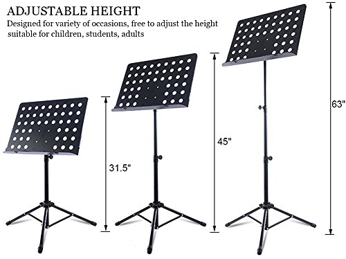 Sheet Music Stand 63"Portable Adjustable Folding Music Holder for Violin Guitar with LED light,Paper Holder,Carrying Bag Black - Lunies