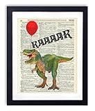 T-Rex With Balloon Upcycled Vintage Dictionary Art Print 8x10