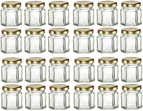 GYBest 4-Pack Mini 1.5 Oz Hexagon Glass Jars with Gold Plastisol Lined Lids, Great for Jam, Honey, Wedding Favors, Shower Favors, Baby Foods, DIY Magnetic Spice Jars