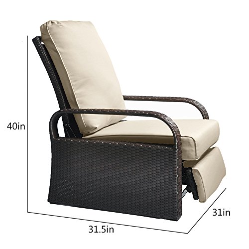 Babylon Outdoor Recliner Wicker Patio Adjustable Recliner Chair with 5.11" Cushions and Ottoman,Rust-Resistant Aluminum Frame,All-Weather Resin Rattan, Brown& Khaki