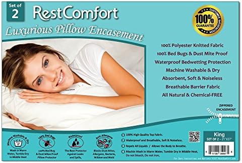 RestComfort Set of 2 Bed Bug and Dust Mite Bacteria, Allergy Proof/Waterproof Pillow Protectors - Hypoallergenic Breathable and Quite - Zippered Pillow Encasement, King 21"×37"