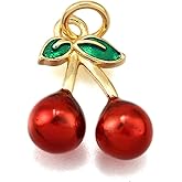 DanLingJewelry 10Pcs Cherry Enamel Charms Craft Supplies Golden Color Brass 3D Red Mini Dangle Fruit Charms for Jewelry Making Necklaces