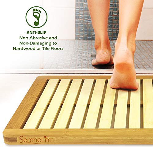 SereneLife Bamboo Bath Mat 23.5” x 18” Heavy Duty Natural Wood Bathroom or Shower Floor Foot