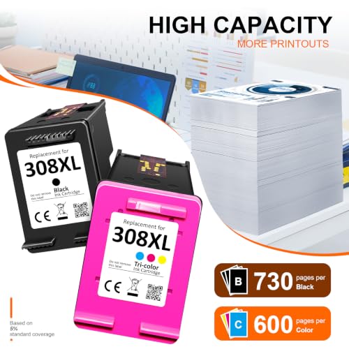 308 XL Print Cartridges, 308XL Black and Colour Cartridges Compatible with Original HP 308 Ink Cartridges for HP DeskJet 2900 4300 Envy 6110e 6120e 6122e 6130e 6520e 6530e 6532e 7220e