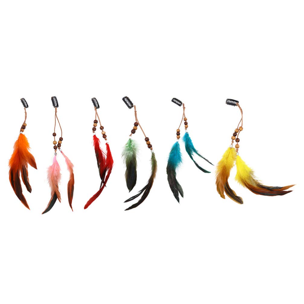 Minkissy 6pcs Feather Hair Clips Decorative Colorful Bohemian Style Feather Tassels Headdress Headwear Native American Indian Hair Accessories 30x3cm