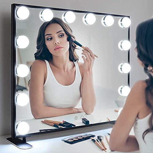 Nitin Hollywood Vanity Mirror with Lights, Black Lighted Makeup Mirror with 14 Bulbs , Tabletop