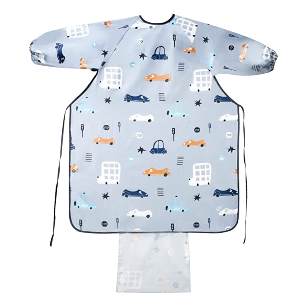 Tyuodna Coverall Bibs for Baby & Toddler,Unisex Waterproof Bibs for Babies,Weaning Bibs with Sleeves,High Chair Bib Cover,Washable Toddler Apron for 3-36 Months Kids Eating and Painting (Grey Car)