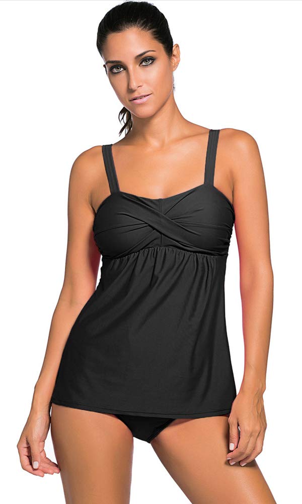 Agreya Women Two Pieces Swimwear Tankini Top with Triangle Bikini Simsuits (Black, L)