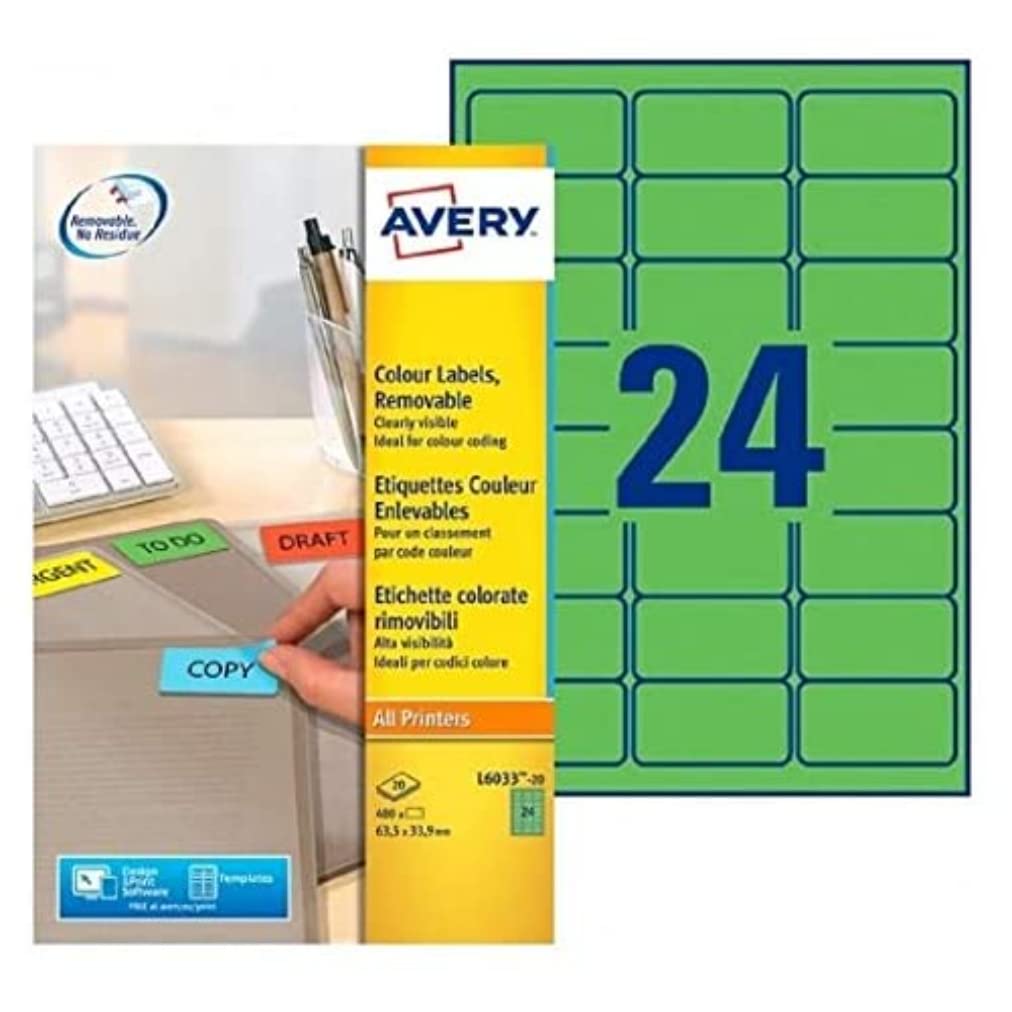 Avery Coloured Labels Laser 24 per Sheet 63.5x33.9mm Green - Ref L6033-20 (480 Labels)