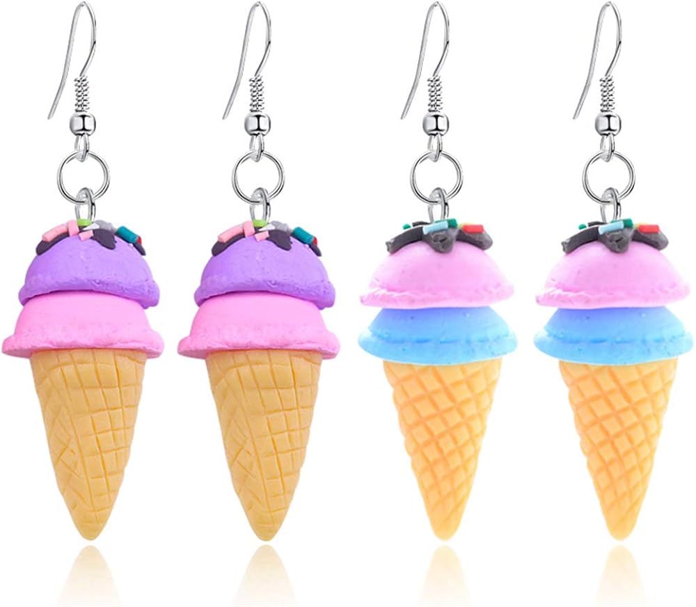 DAMLENG 2 Pairs Unique Cute 3D Soft Clay Ice Cream Dangle Drop Earrings Set for Women Girls Statement Handmade Kawaii Food Cone Candy Earrings Jewelry